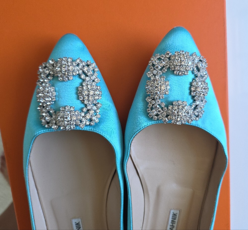Manolo Blahnik Turquoise Satin Pointed Toe Flats with Crystal Buckle